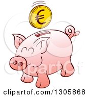 Poster, Art Print Of Cartoon Pink Piggy Bank With A Euro Coin Over The Slot
