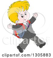 Poster, Art Print Of Cartoon Happy Blond White School Boy Walking To School