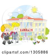 Poster, Art Print Of Cartoon Happy Blond White School Children Holding Hands And Approaching Birds Outside A School Building