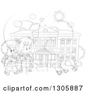 Poster, Art Print Of Black And White Cartoon Happy School Children Holding Hands And Approaching Birds Outside A School Building
