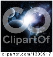 Clipart Of A 3d Outer Space Background Of A Nebula Flare Of Light And Fictional Planets Royalty Free Illustration