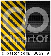 Poster, Art Print Of Split Diagonal Hazard Stripes And Black Perforated Metal Background