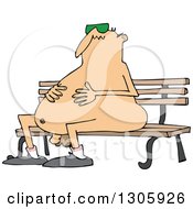 Cartoon Chubby Nude White Man Wearing Sunglasses And Sitting On A Park Bench