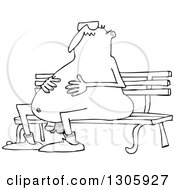 Cartoon Black And White Chubby Nude Man Wearing Sunglasses And Sitting On A Park Bench