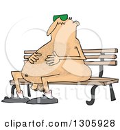 Cartoon Chubby Hairy Nude White Man Wearing Sunglasses And Sitting On A Park Bench