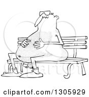 Cartoon Black And White Chubby Hairy Nude Man Wearing Sunglasses And Sitting On A Park Bench