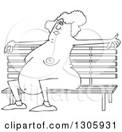 Cartoon Black And White Chubby Nude Woman Sitting On A Park Bench