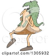 Cartoon Chubby Caveman Carrying A Giant Lizard On His Shoulders