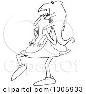 Lineart Clipart Of A Cartoon Chubby Black And White Caveman Carrying A Giant Lizard On His Shoulders Royalty Free Outline Vector Illustration