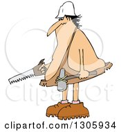 Poster, Art Print Of Cartoon Chubby Caveman Worker Holding A Hammer And Saw