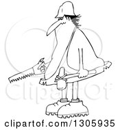 Lineart Clipart Of A Cartoon Black And White Chubby Caveman Worker Holding A Hammer And Saw Royalty Free Outline Vector Illustration by djart