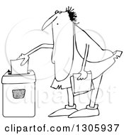 Lineart Clipart Of A Cartoon Black And White Chubby Caveman Shredding Documents Royalty Free Outline Vector Illustration by djart