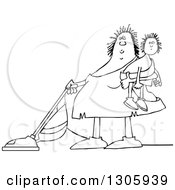 Lineart Clipart Of A Cartoon Black And White Chubby Cavewoman Holding Her Son And Vacuuming Royalty Free Outline Vector Illustration by djart