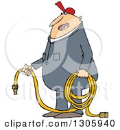 Cartoon Chubby White Worker Man Holding An Air Hose