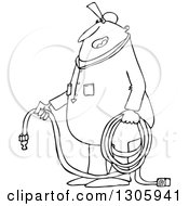 Poster, Art Print Of Cartoon Black And White Chubby Worker Man Holding An Air Hose