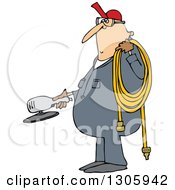 Cartoon Chubby White Worker Man Holding A Grinder And An Air Hose