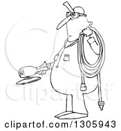 Poster, Art Print Of Cartoon Black And White Chubby Worker Man Holding A Grinder And An Air Hose