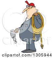 Cartoon Chubby White Worker Man Holding An Impact Tool And Air Hose