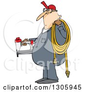 Cartoon Chubby White Worker Man Holding A Nailer And An Air Hose