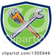 Poster, Art Print Of Cartoon Crossed Spanner And Monkey Wrenches In A Blue White And Green Shield