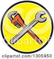Poster, Art Print Of Cartoon Crossed Spanner And Monkey Wrenches In A Black White And Yellow Circle