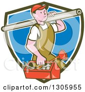 Clipart Of A Retro Cartoon White Male Plumber Walking With A Tool Box And Giant Monkey Wrench On His Shoulder And Emerging From An Olive Green White And Blue Shield Royalty Free Vector Illustration