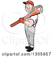 Poster, Art Print Of Cartoon Happy White Male Plumber Holding A Giant Monkey Wrench Over His Shoulder