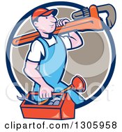 Cartoon White Male Plumber Walking With A Tool Box And Giant Monkey Wrench On His Shoulder And Emerging From A Blue White And Taupe Circle