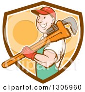 Poster, Art Print Of Retro Cartoon Happy White Male Plumber Holding A Giant Monkey Wrench Over His Shoulder And Emerging From A Brown White And Orange Shield