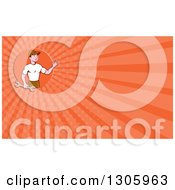Clipart Of A Retro Cartoon Male Mechanic Holding A Wrench And Waving And Orange Rays Background Or Business Card Design Royalty Free Illustration