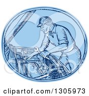 Poster, Art Print Of Blue Sketched Or Engraved Mechanic Working On A Cars Engine In An Oval