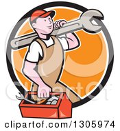 Cartoon Happy White Male Mechanic Carrying A Tool Box And Giant Wrench And Emerging From A Black White And Orange Circle