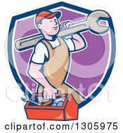 Poster, Art Print Of Retro Cartoon Happy White Male Mechanic Carrying A Tool Box And Giant Wrench And Emerging From A Blue White And Purple Shield