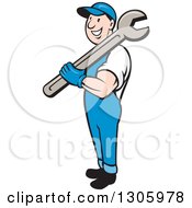 Poster, Art Print Of Cartoon Full Length Happy White Male Mechanic Holding A Giant Wrench Over His Shoulder