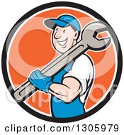 Poster, Art Print Of Cartoon Happy White Male Mechanic Holding A Giant Wrench Over His Shoulder And Emerging From A Black White And Orange Circle
