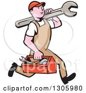 Poster, Art Print Of Cartoon Happy White Male Mechanic Running And Carrying A Tool Box And Giant Wrench
