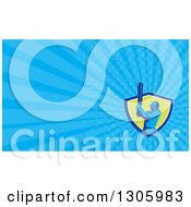 Clipart Of A Retro Cricket Batsman In A Green Shield And Blue Rays Background Or Business Card Design Royalty Free Illustration
