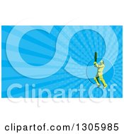 Clipart Of A Retro Green Cricket Batsman And Blue Rays Background Or Business Card Design Royalty Free Illustration