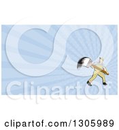 Clipart Of A Retro Cartoon White Male House Painter With A Giant Brush And Pastel Blue Rays Background Or Business Card Design Royalty Free Illustration