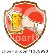 Poster, Art Print Of Caucasian Hand Holding Out A Frothy Beer Mug In A Brown White And Red Shield