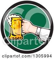 Caucasian Hand Holding Out A Frothy Beer Mug In A Black White And Green Circle
