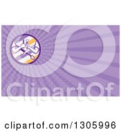 Clipart Of Retro Barber Arms Holding A Brush And Comb Over Scissors In A Purple White And Yellow Barber Pole Circle And Purple Rays Background Or Business Card Design Royalty Free Illustration by patrimonio