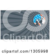 Clipart Of A Retro Male Barber Cutting A Clients Hair With Clippers In An American Flag Circle And Gray Rays Background Or Business Card Design Royalty Free Illustration