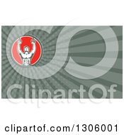 Retro Male Crossfit Or Gymnast Athlete Doing On Still Rings And Dark Green Rays Background Or Business Card Design