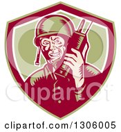 Poster, Art Print Of Retro Woodcut World War Two Soldier Talking On A Field Radio In A Green Maroon And White Shield