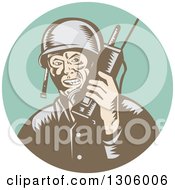 Poster, Art Print Of Retro Woodcut World War Two Soldier Talking On A Field Radio In A Turquoise Circle