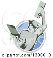Poster, Art Print Of Rear View Of A Retro Male Plasterer Working With A Trowel And Emerging From A Gray White And Blue Circle