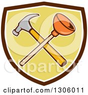 Poster, Art Print Of Cartoon Crossed Plunger And Hammer In A Brown White And Green Shield