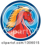 Poster, Art Print Of Red And Orange Young Cold Horse Head In A Blue And White Circle