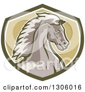 Clipart Of A Retro Young Cold Horse Head In A Green And White Shield Royalty Free Vector Illustration